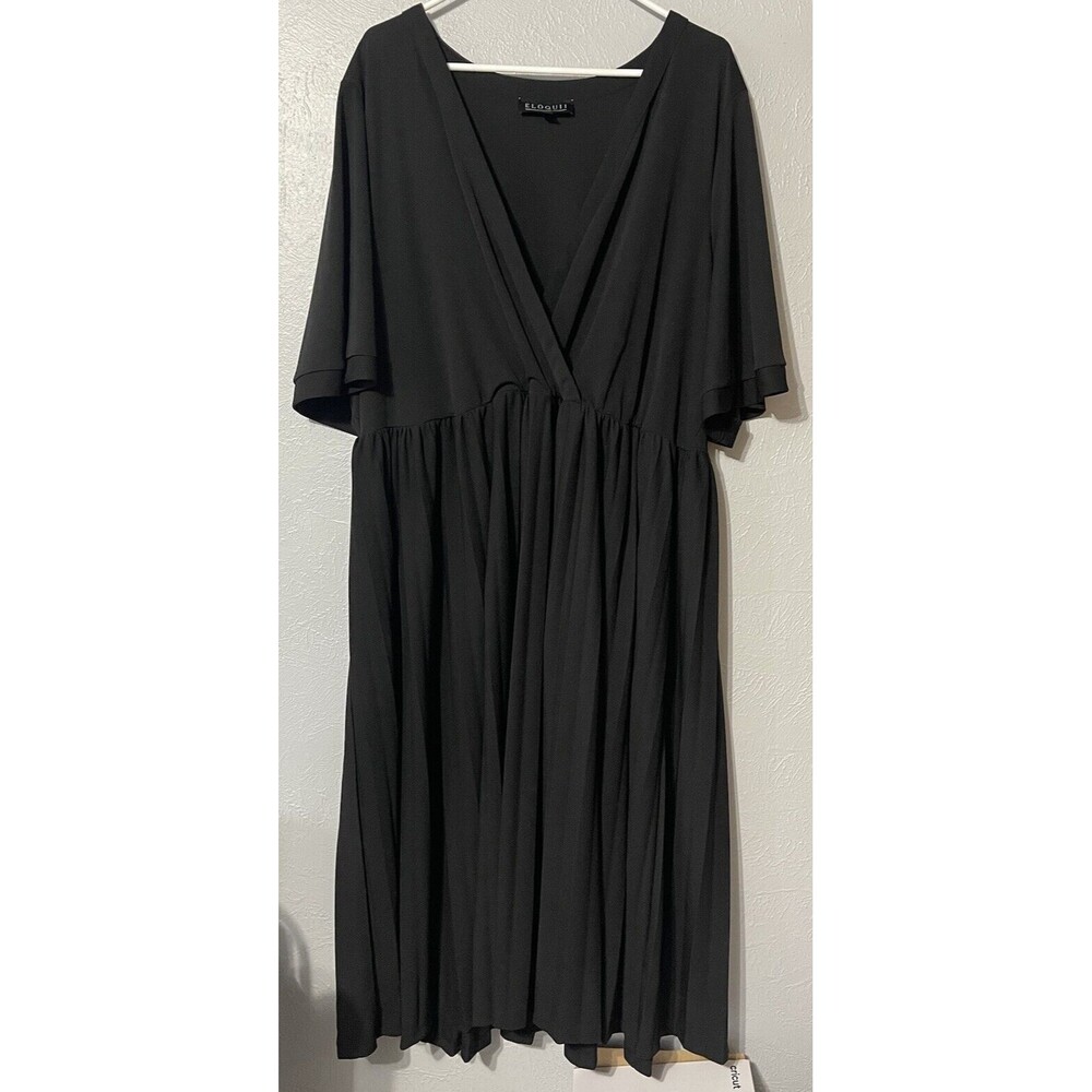 Eloquii Womens Size 22 Black V-Neck Stretch Knit Flutter Sleeve Pleated Dress